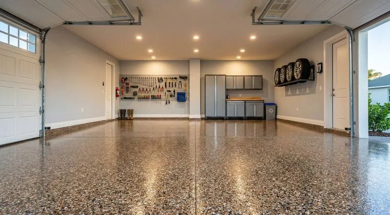 Decorative flake epoxy floor in a clean Collier County garage