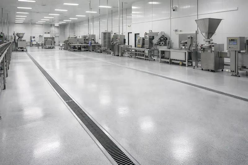Food processing plant floor with drainage channel Collier County