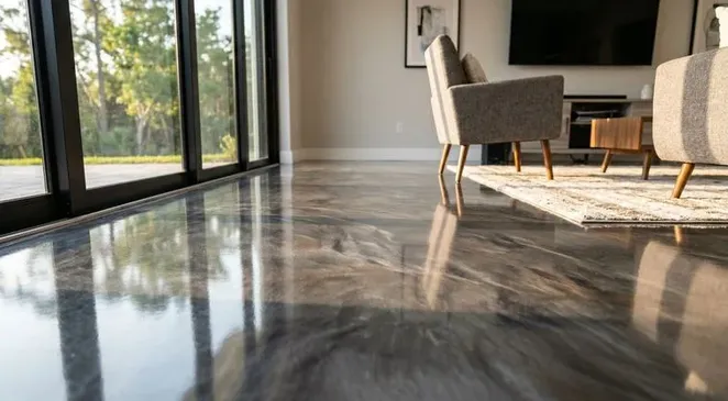Organized garage with flake epoxy floor