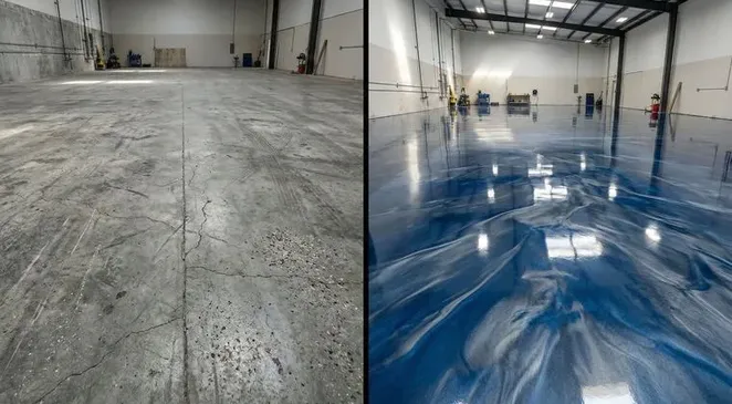 Media room blue-gray metallic epoxy floor Collier County
