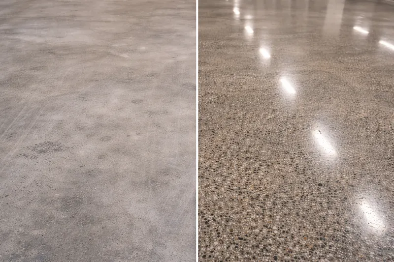 Polished concrete before and after — raw concrete vs high-gloss finish Collier County