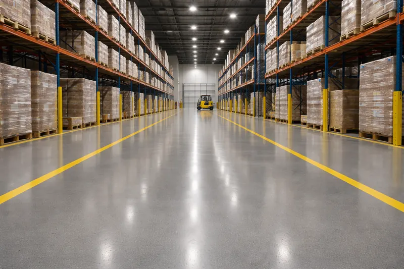 Warehouse epoxy floor with yellow safety line markings Collier County